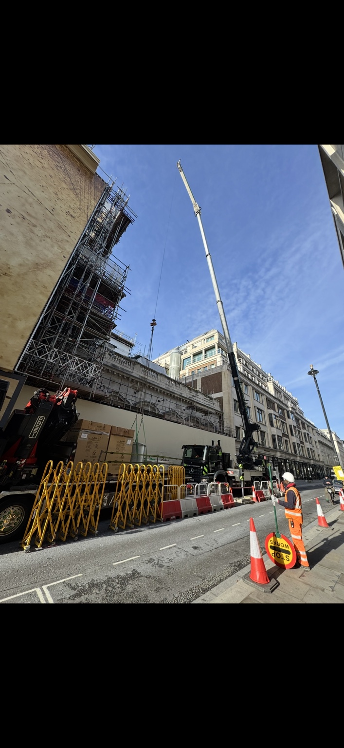 Crane and logistics operation at 7 Burlington Gardens